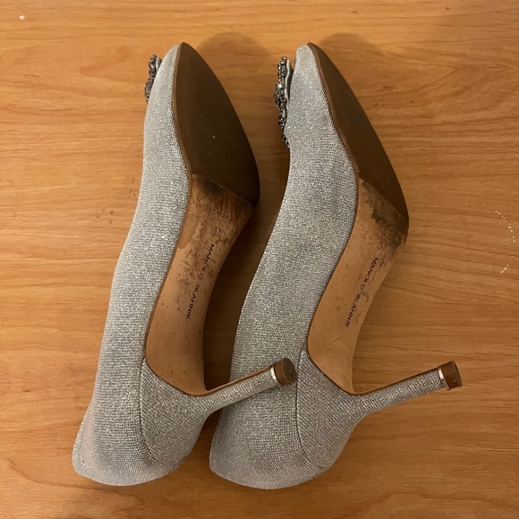 MANOLO BLAHNIK White Rhinestone Silver Metallic Woven Hangisi Jeweled heels 37 - Picture 9 of 10